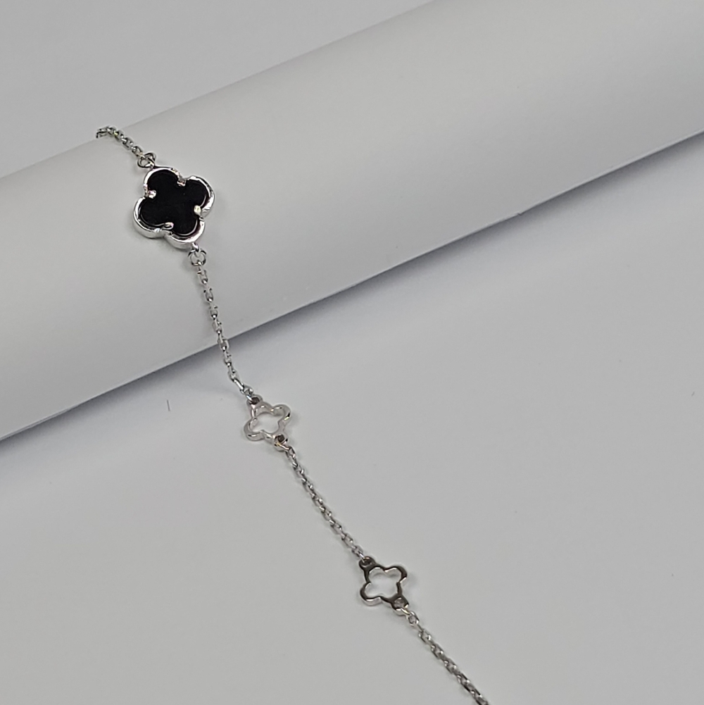 Van Clover Bracelet Black Center Flower Onyx Insp. 925 Sterling Silver 18-21cm